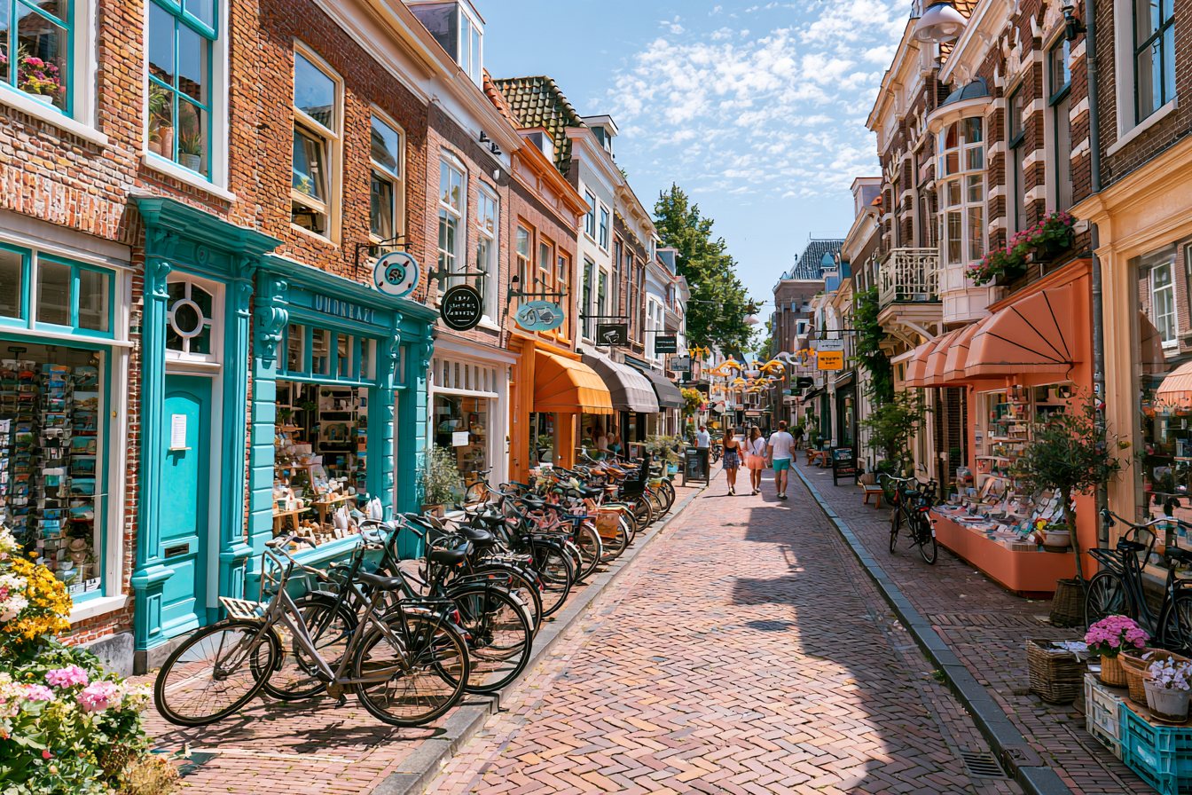 Winkelpui van een Nederlandse winkel met kledingrekken voor de deur